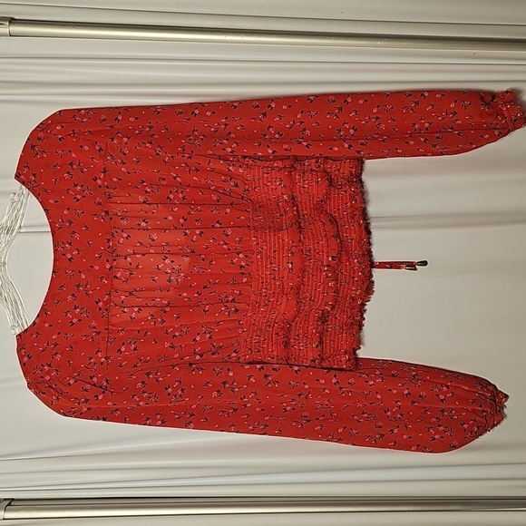 Free People Womens Tied Square Keyhole Neckline Red Floral Polyester Blouse M - Picture 4 of 8